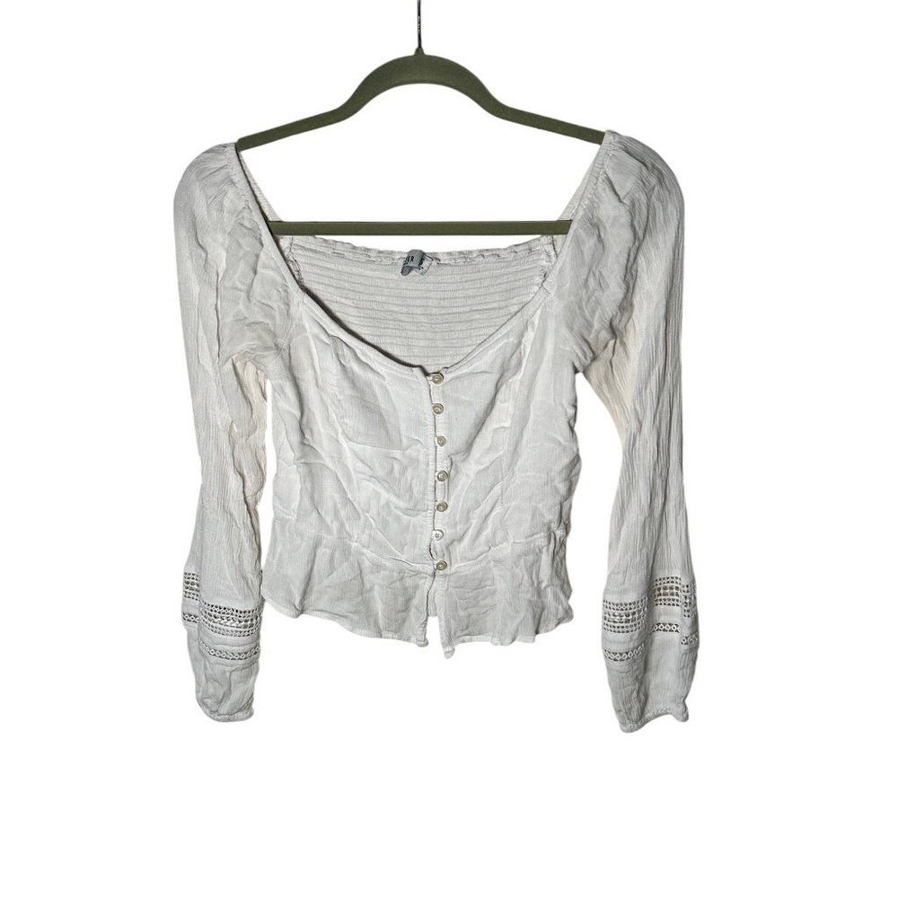 Hollister White Smocked Button Front Long‎ Sleeve Top Small